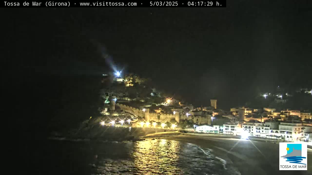 A nighttime coastal town, illuminated with lights, sits on a hill overlooking a dark, wavy ocean.