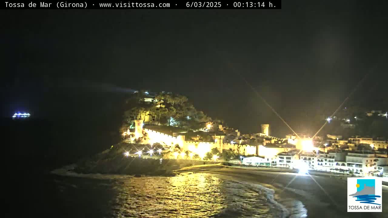 A nighttime coastal town with a walled section illuminated, sits on a hill overlooking a dark body of water.