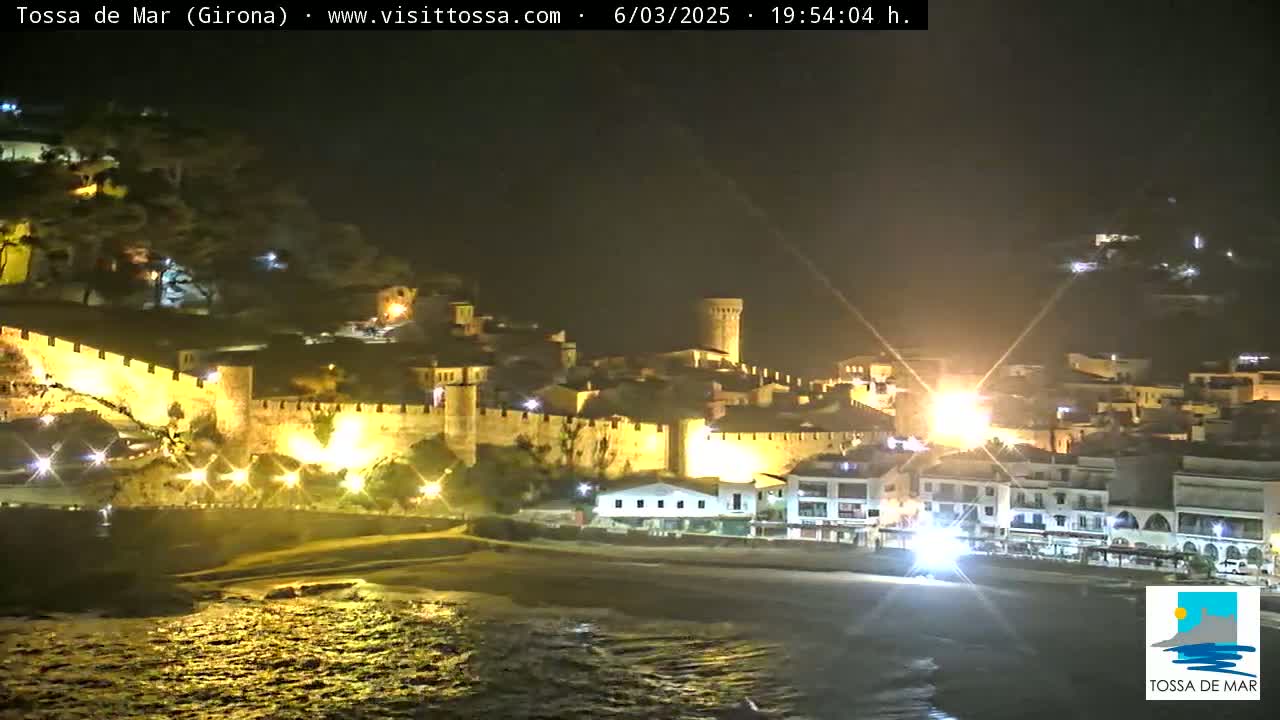A nighttime coastal town with a walled fortress is illuminated, overlooking a dark, gently waving sea.
