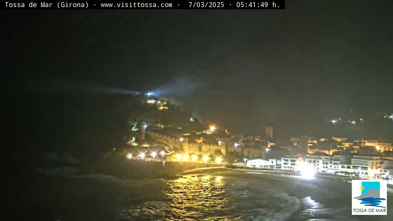 A nighttime coastal town with a medieval-style fortress is illuminated, overlooking a dark ocean with small waves.