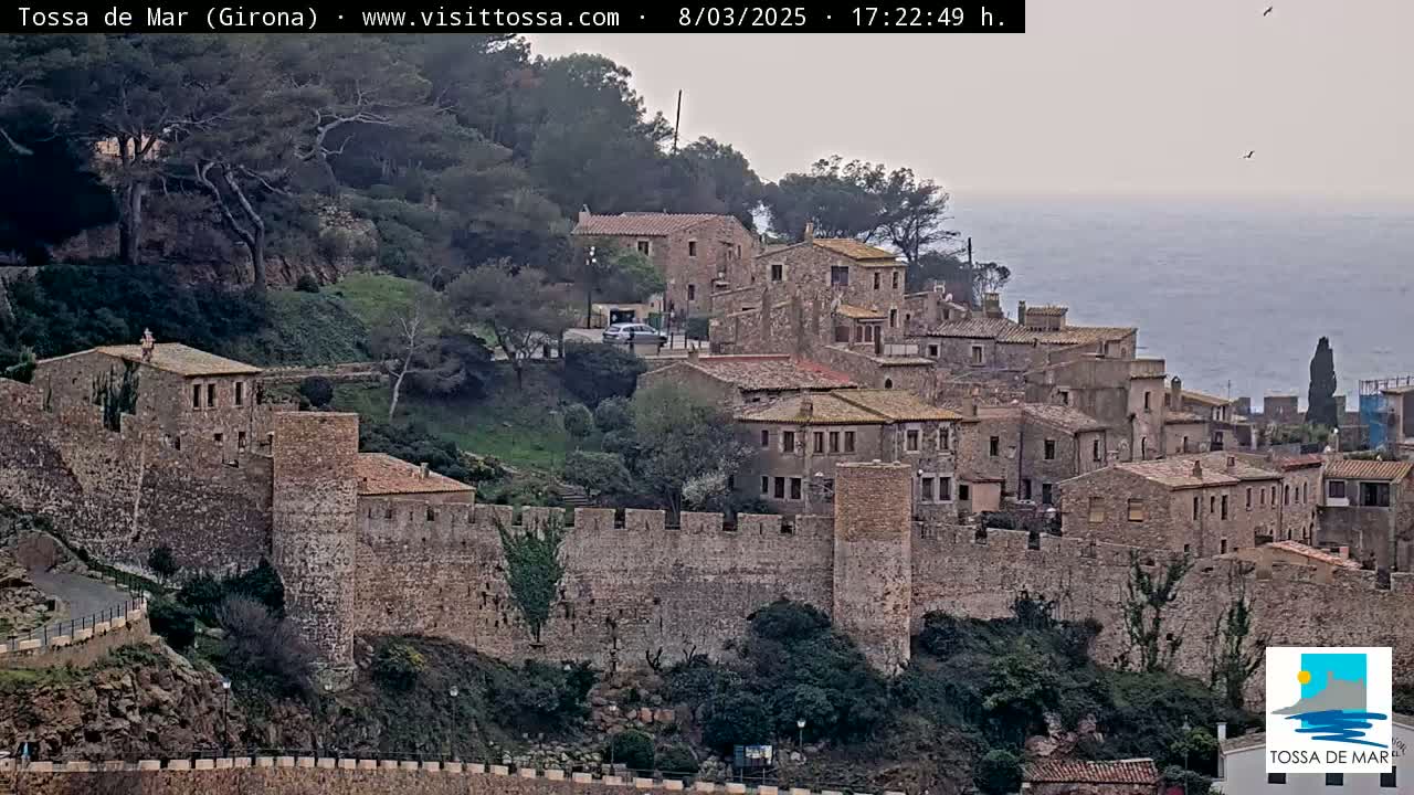 A stone walled medieval town overlooks a calm sea under an overcast sky.