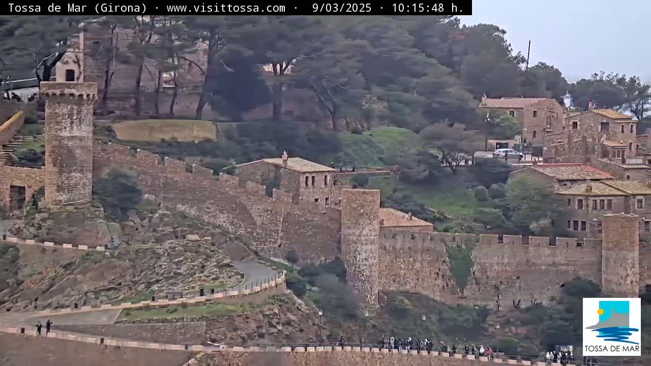 A stone wall and buildings, possibly part of a castle or fortress, are situated on a hillside on an overcast day.