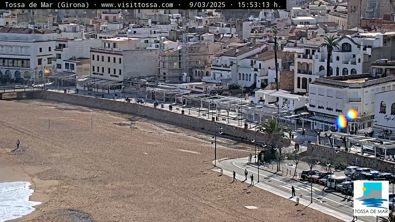 A sandy beach stretches beneath a sunny sky next to a Mediterranean town with white buildings and palm trees.