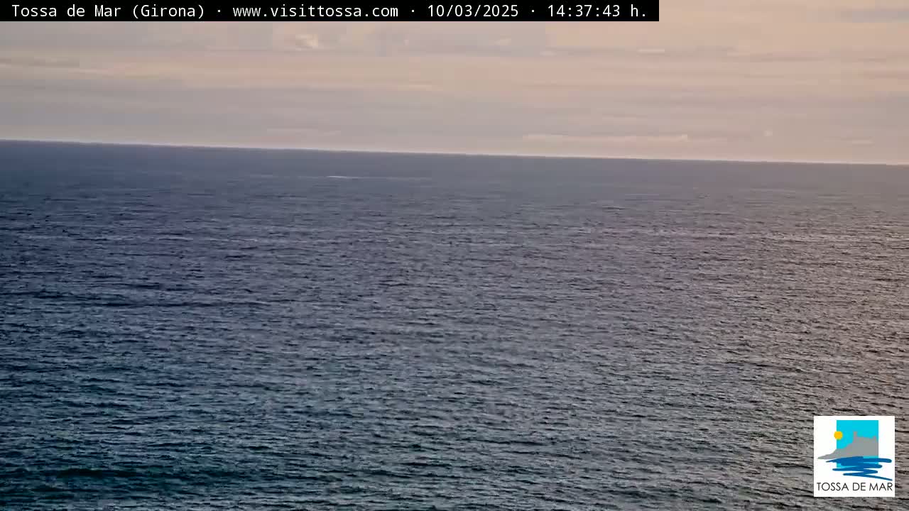 A calm, dark-blue ocean stretches to a pale, cloudy horizon under a mostly clear sky.