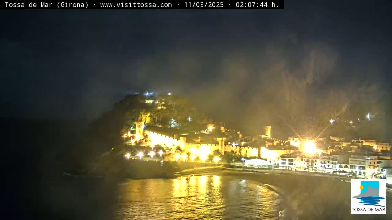 A nighttime view of a coastal town with a hilltop castle, illuminated by lights, under a dark, hazy sky.