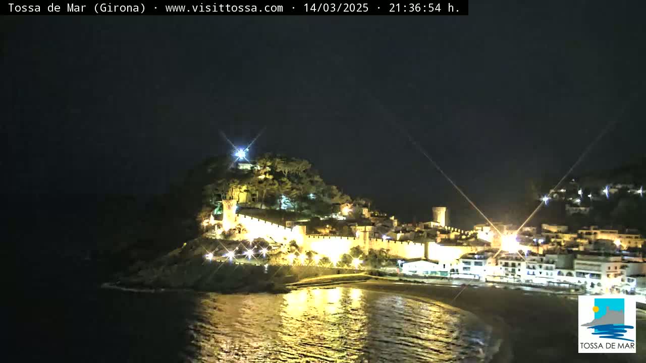 A nighttime coastal town, illuminated by lights, is situated on a hill overlooking a calm, dark body of water.