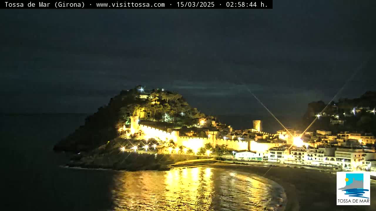 A nighttime view of a coastal town, illuminated with lights, situated on a hill overlooking a calm bay.