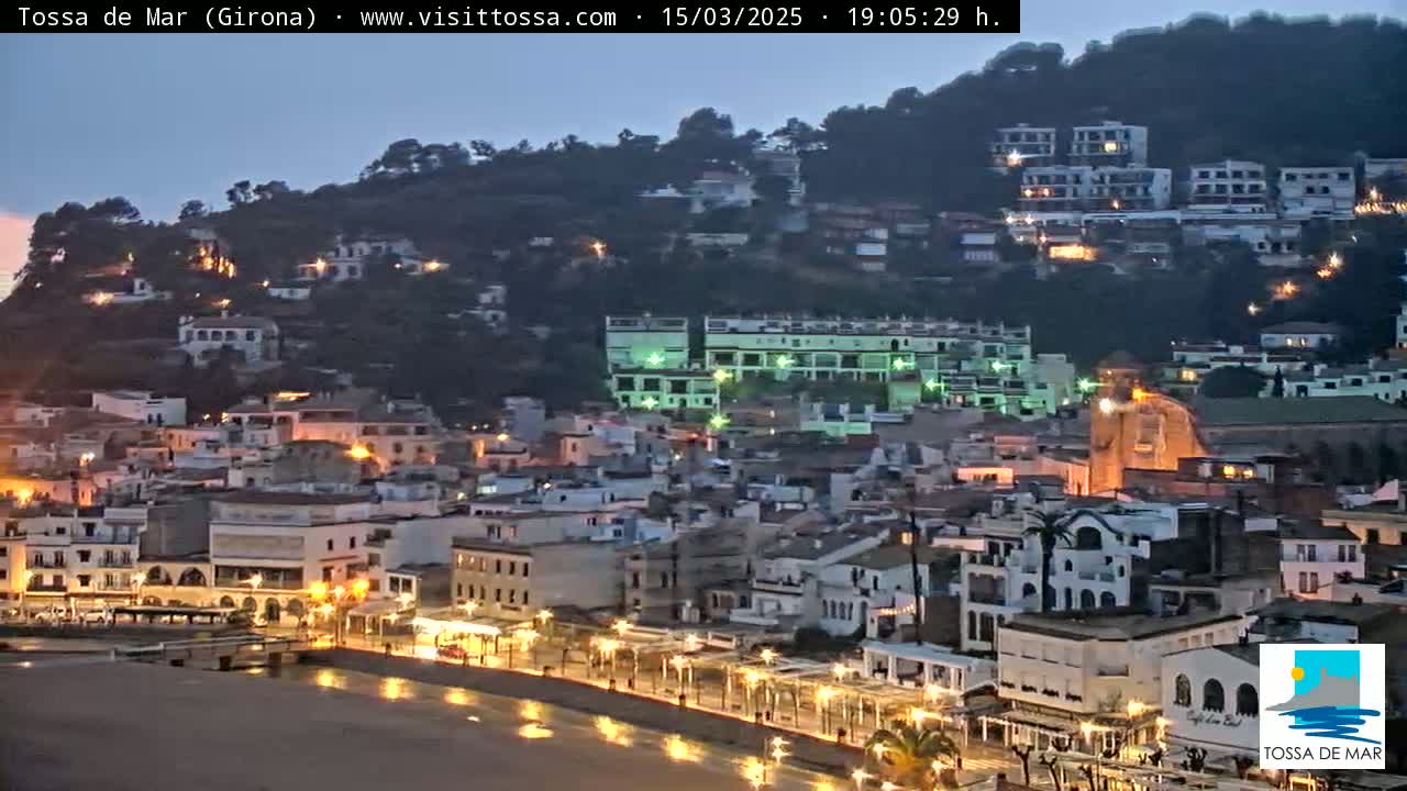 A coastal town is illuminated at night, nestled against a hill under a twilight sky.