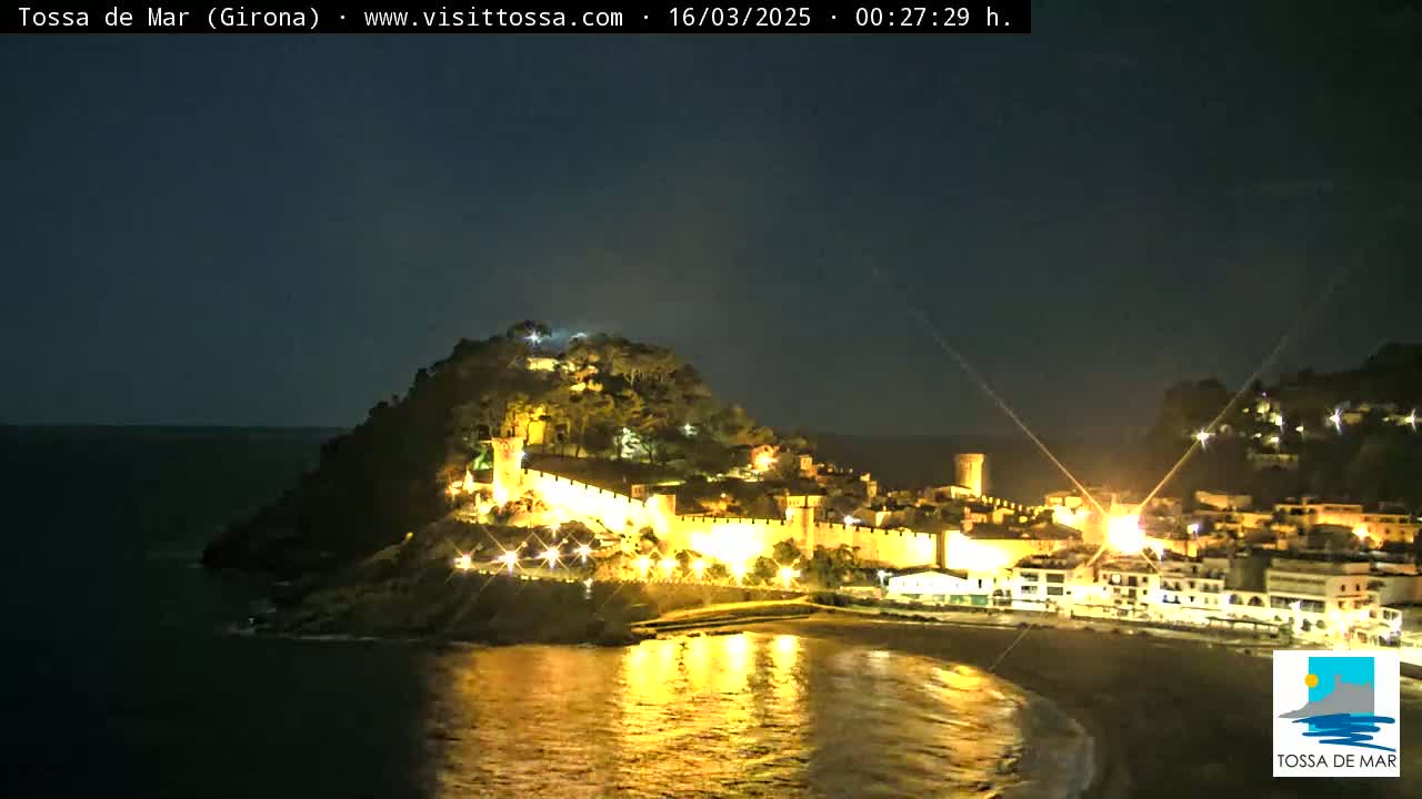 A coastal town with a medieval-style wall is illuminated at night, overlooking a calm, dark body of water.
