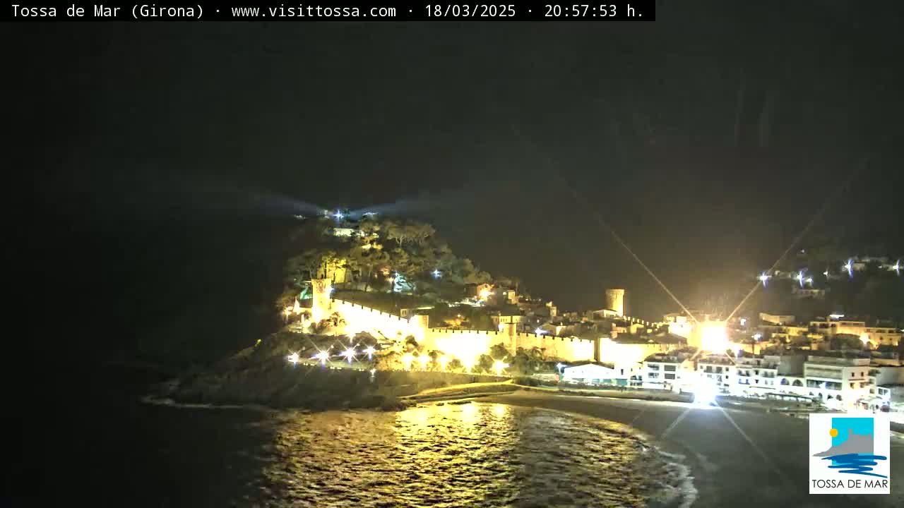 A nighttime view of a coastal town with a walled fortress illuminated on a hill overlooking a dark, calm sea.