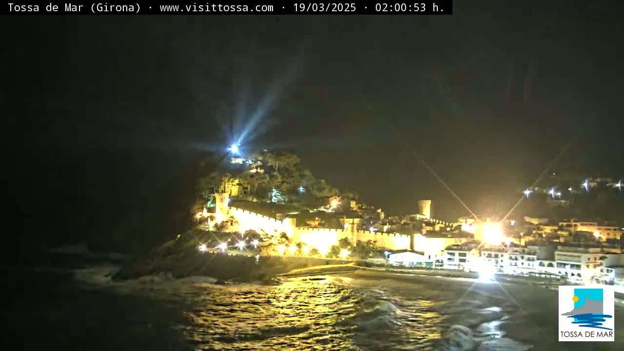 A brightly lit coastal town with a medieval wall sits atop a hill overlooking a dark, wavy ocean at night.