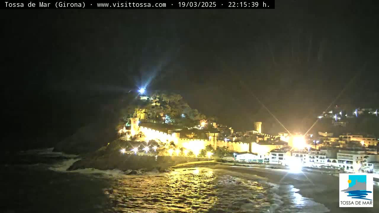 A nighttime coastal town with a walled fortress is illuminated, with gentle waves lapping the shore.