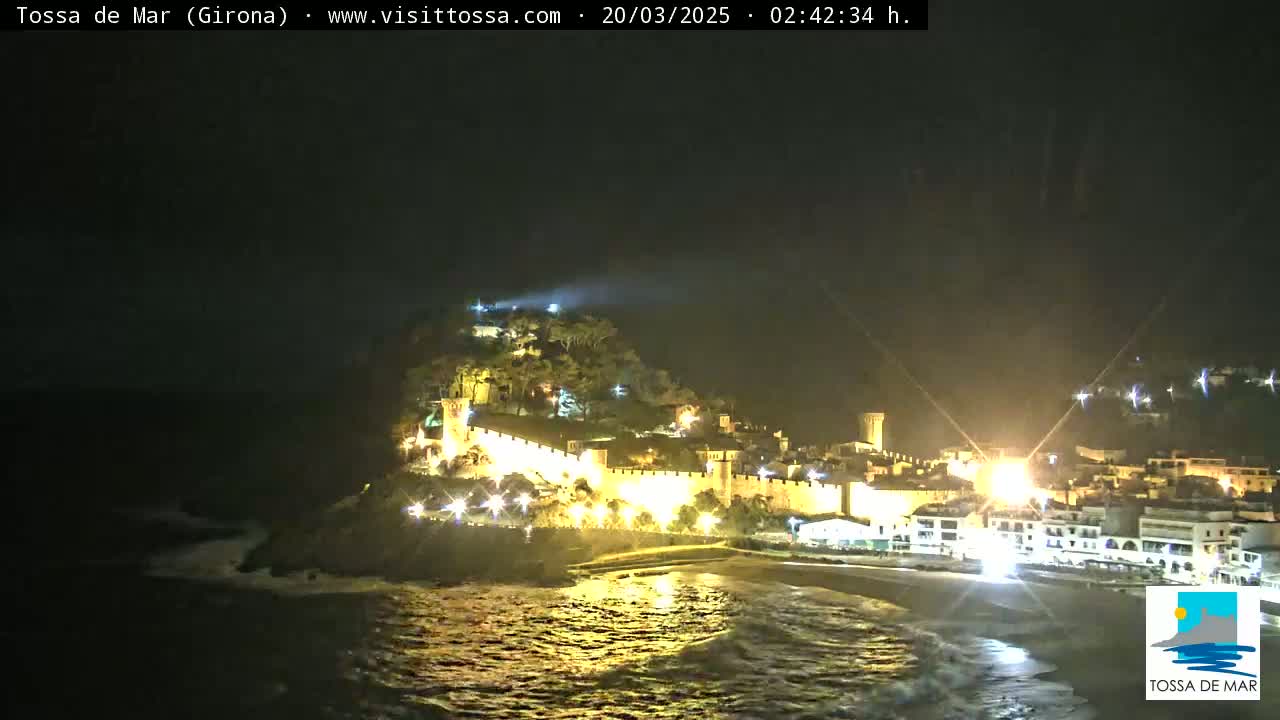 A nighttime coastal town with a walled castle is illuminated, and the ocean shows gentle waves.