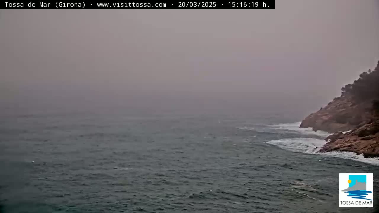 A hazy, overcast day shows a rocky coastline with choppy waves crashing against it.