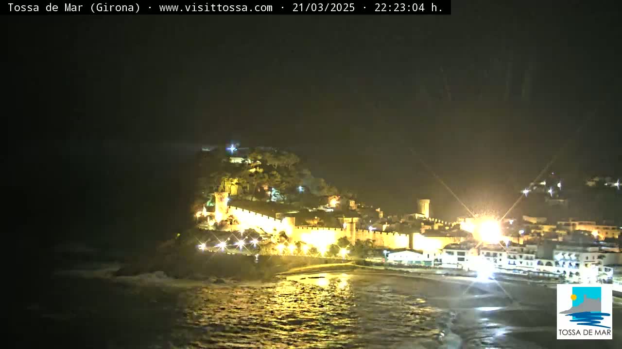 A nighttime coastal scene shows a walled town illuminated, with calm water lapping at the shore.