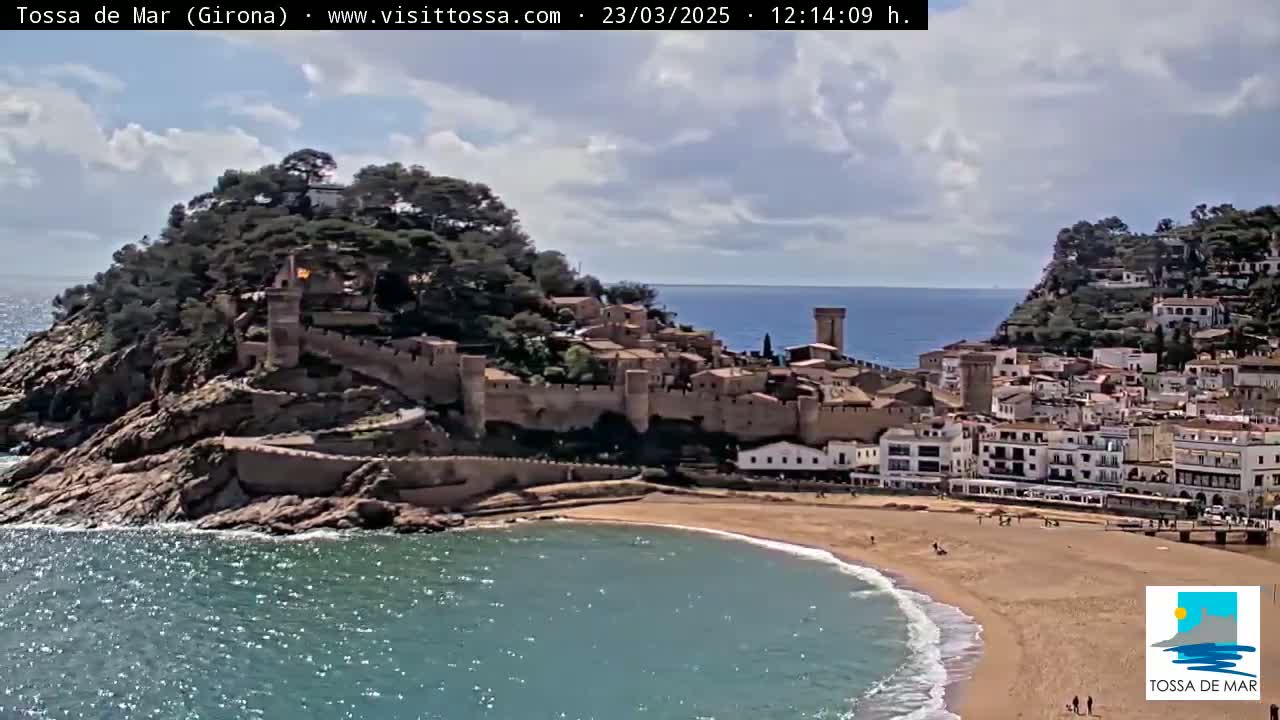 A partially cloudy day shows a coastal town with a medieval walled castle perched on a rocky hill overlooking a sandy beach and calm ocean water.