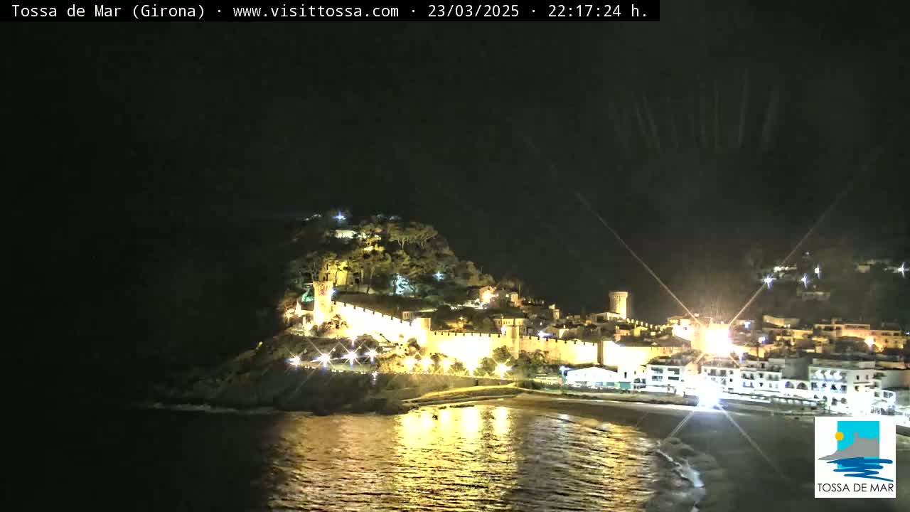 A nighttime coastal town with a walled fortress illuminated on a hill overlooking a calm, dark sea.
