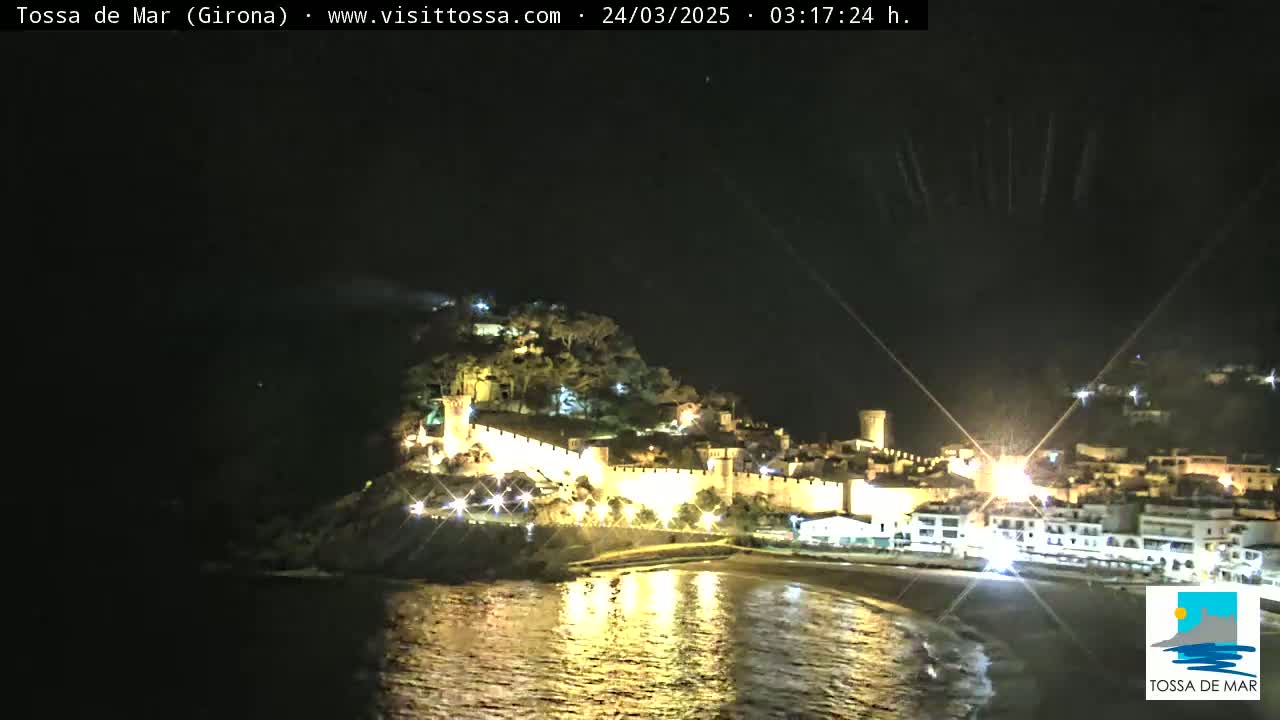 A nighttime coastal town with a walled fortress is illuminated, overlooking calm water under a clear, dark sky.