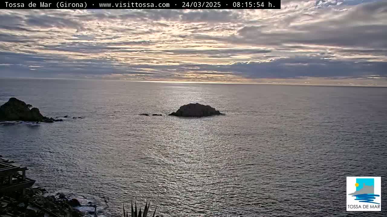 A mostly cloudy sky over a calm sea with a small island and rocky shoreline visible.