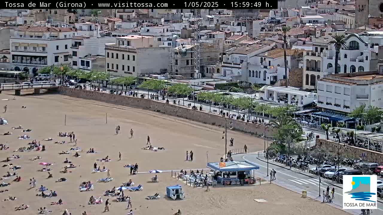 A sandy beach with many people sunbathing and relaxing near a town with buildings, under a partly cloudy sky.