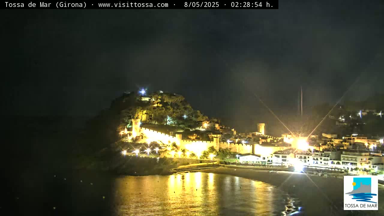 A coastal town, illuminated at night, sits on a hill overlooking a calm body of water.