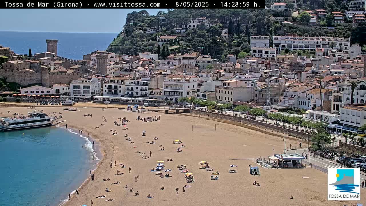 A sandy beach with many sunbathers is situated below a coastal town with buildings climbing up a hillside, under a clear sunny sky.