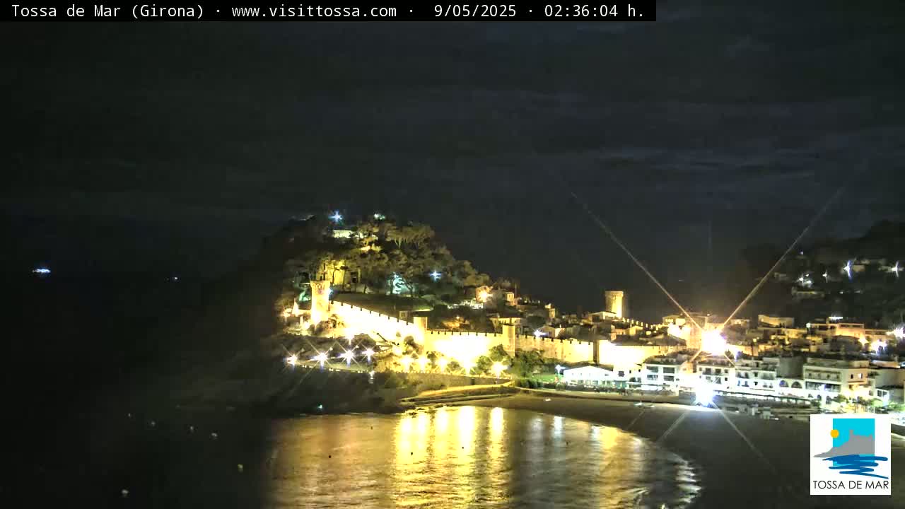A nighttime coastal town with illuminated buildings and walls sits on a hill overlooking a calm, dark body of water under a mostly clear sky.