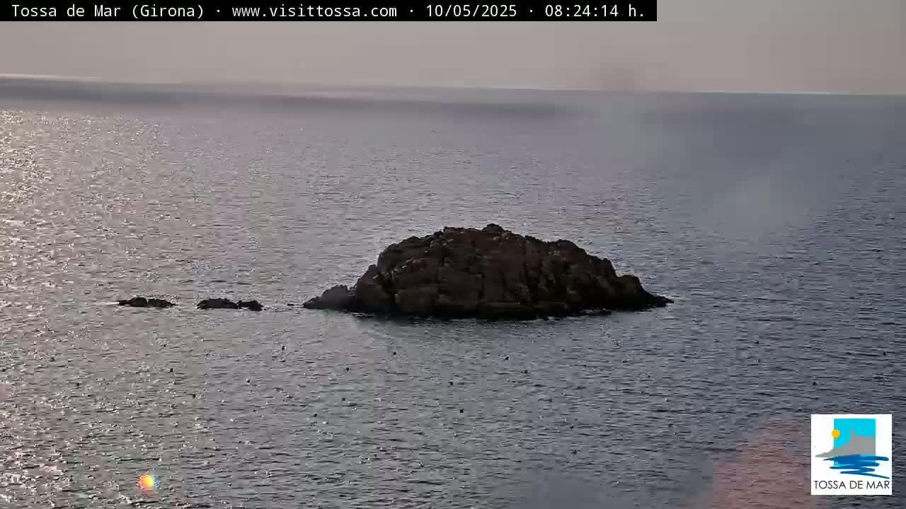 A small, dark rock formation sits in calm, slightly shimmering water under a hazy sky.