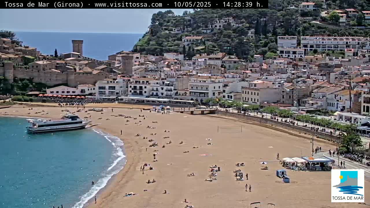 A sandy beach with scattered sunbathers curves around a calm, blue bay, where a boat is docked near a medieval walled town set against a hillside under a clear sky.