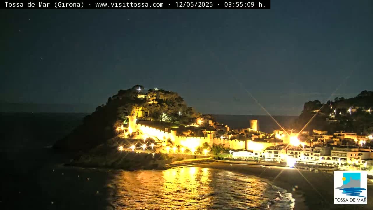 A brightly lit coastal town at night, nestled on a hill overlooking a dark ocean under a clear sky.