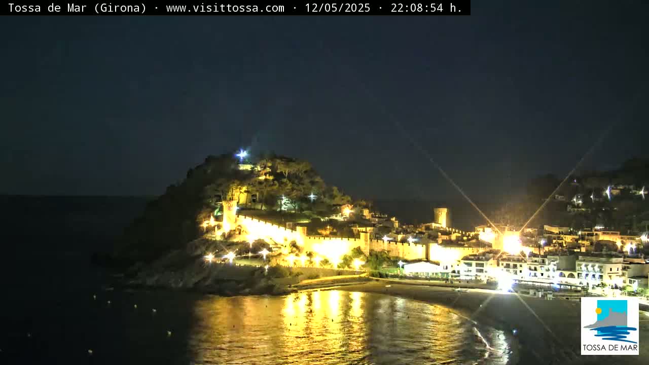 A nighttime coastal town with a walled hilltop section is illuminated, its lights reflecting on a calm, dark sea.