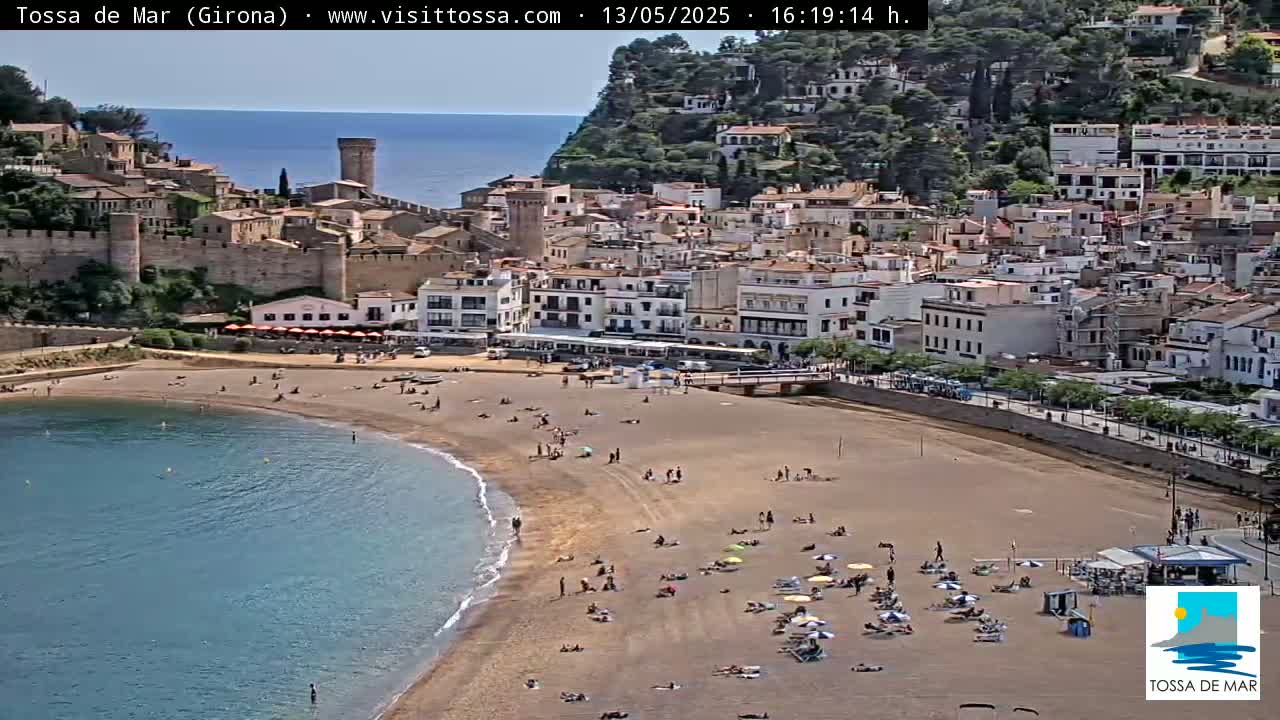 A sandy beach with people sunbathing and swimming in calm, clear blue water, next to a town with white buildings and a medieval castle, under a sunny sky.