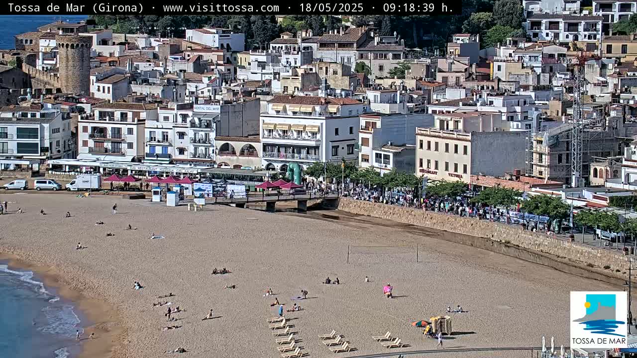 A sandy beach with scattered sunbathers is situated below a town of closely packed buildings, under a sunny sky.