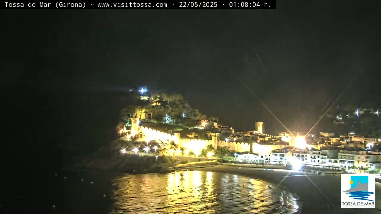 A brightly lit coastal town at night, with a medieval wall and towers, sits on a hill overlooking a calm, dark-water beach.