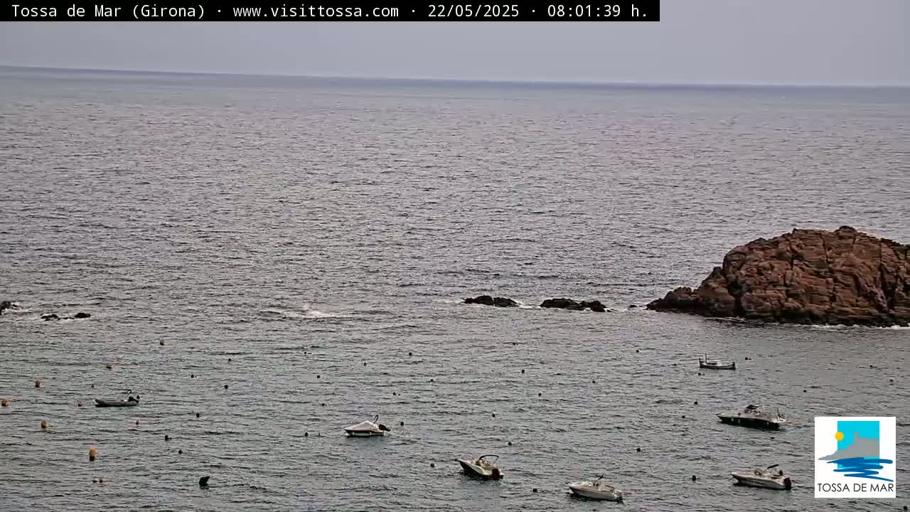 Several small boats are scattered across a calm sea near a rocky outcrop under an overcast sky.