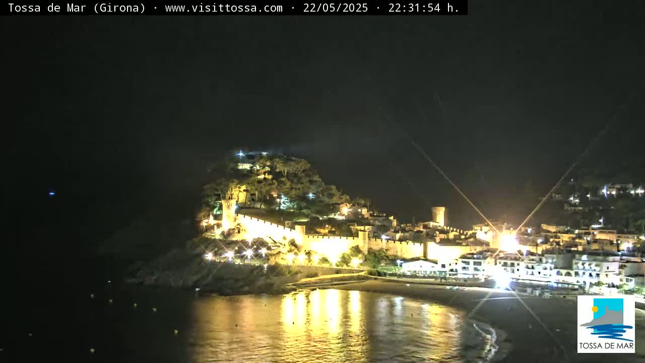 A nighttime view of a coastal town, illuminated, with a walled castle perched on a hill overlooking a calm bay.