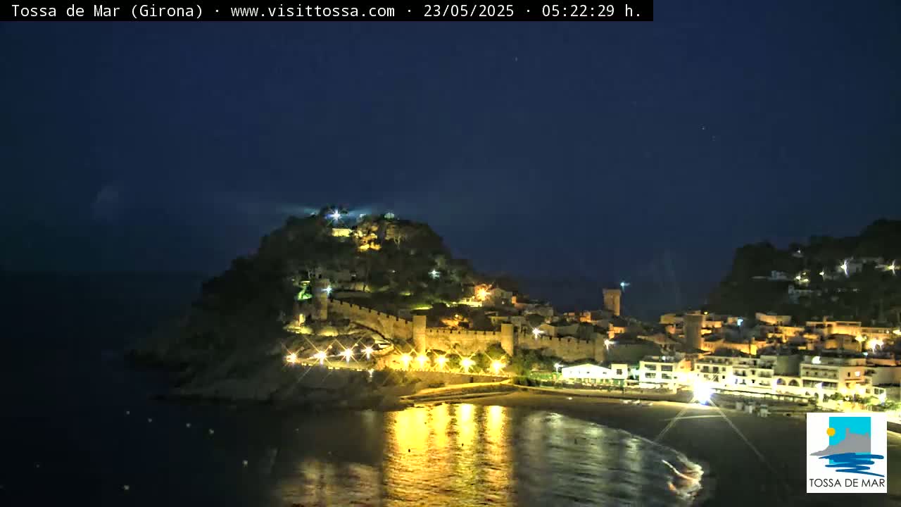 A nighttime coastal town, illuminated by lights, is situated on a hill overlooking a calm, dark sea under a clear night sky.