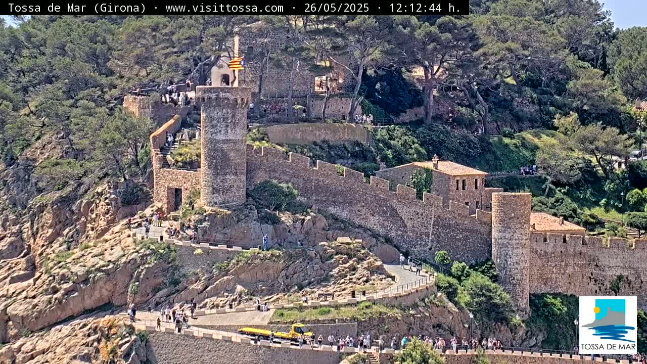 A stone castle on a rocky hillside, surrounded by green trees and many people visiting on a sunny day.