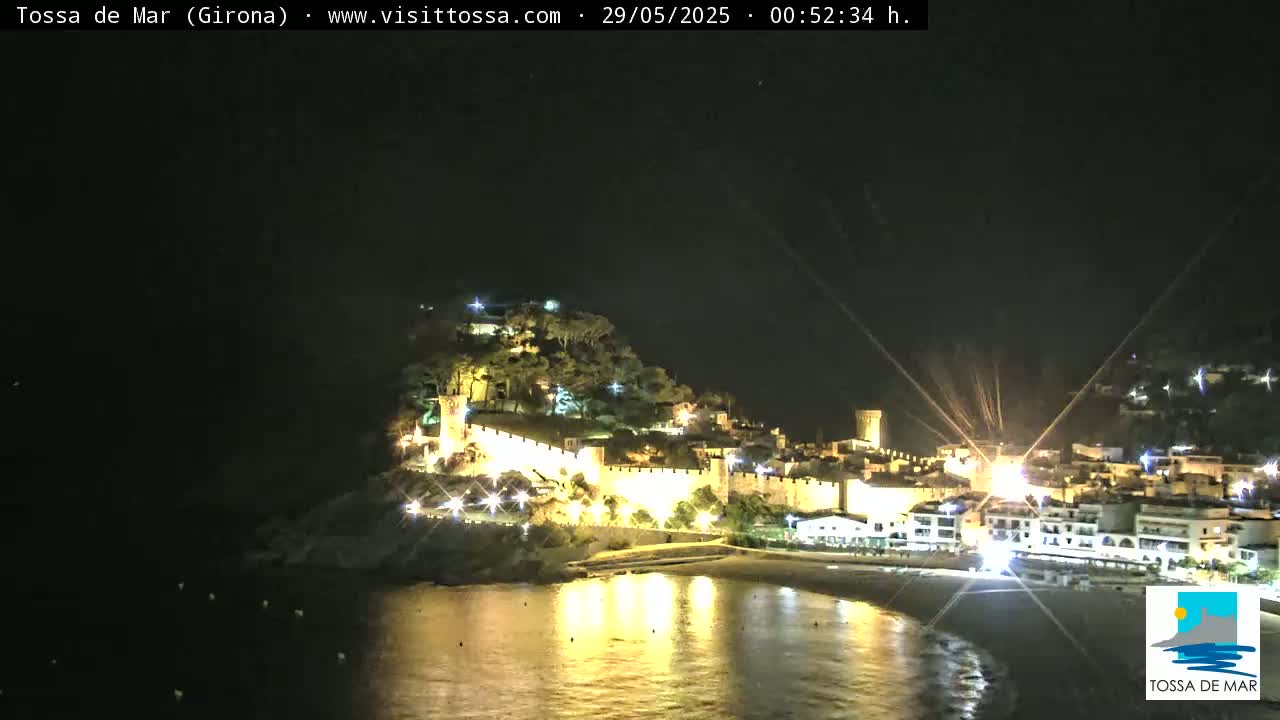 A nighttime view of a coastal town with a walled castle on a hill, illuminated by lights, reflecting in the dark water below.