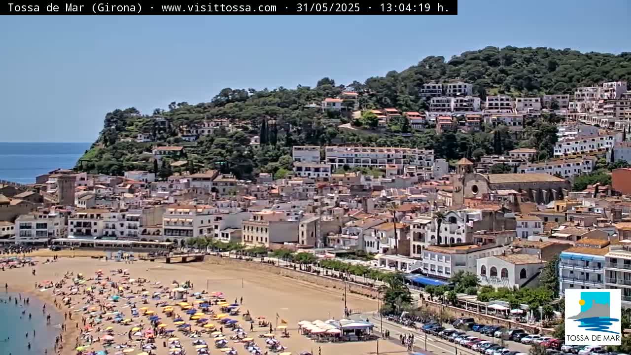 A sunny coastal town with a crowded beach, numerous buildings on a hillside, and calm blue water.