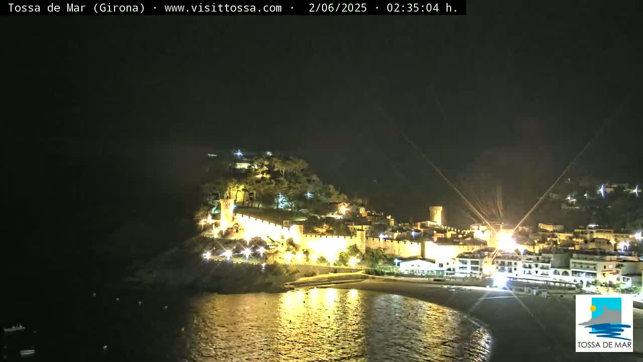 A nighttime coastal town with a walled castle is illuminated, overlooking a calm, dark body of water.