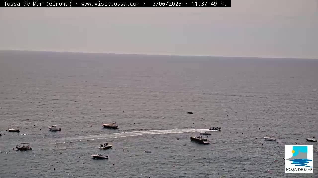 Several small boats are scattered across a calm, gray sea under an overcast sky.