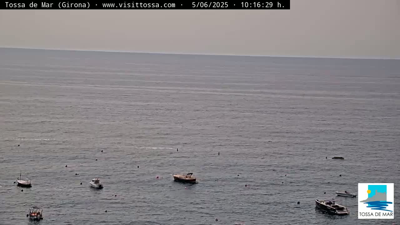 A calm, gray sea is dotted with several small boats under an overcast sky.