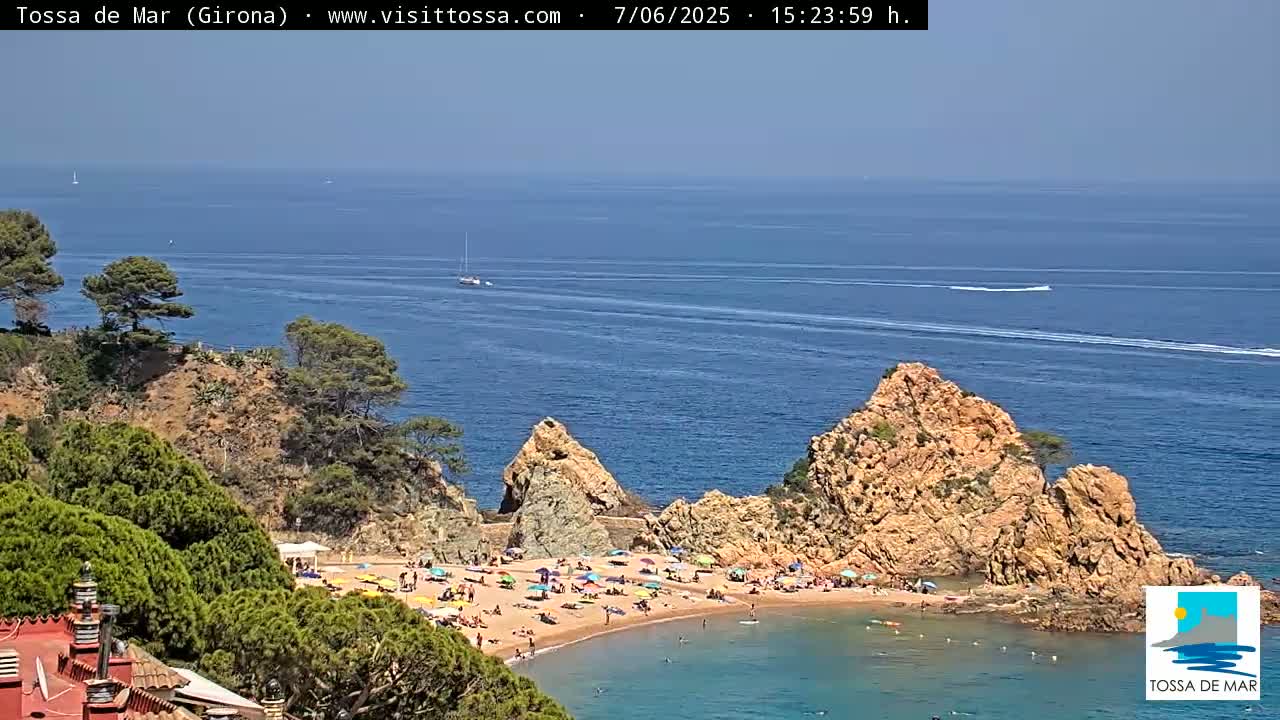 A sunny, clear day at a beach cove with rocky cliffs, surrounded by lush green trees, and many people enjoying the sand and water.