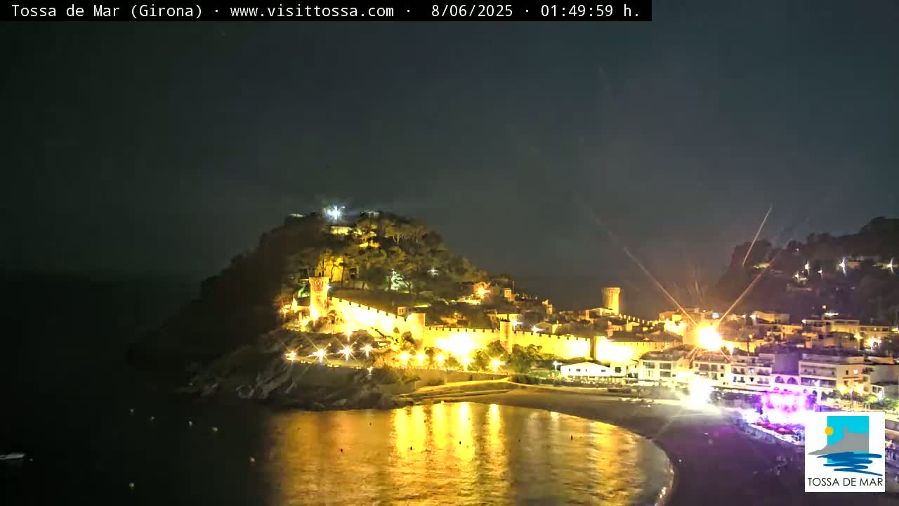 A coastal town at night, illuminated with lights, sits below a hilltop castle, under a clear, dark sky.