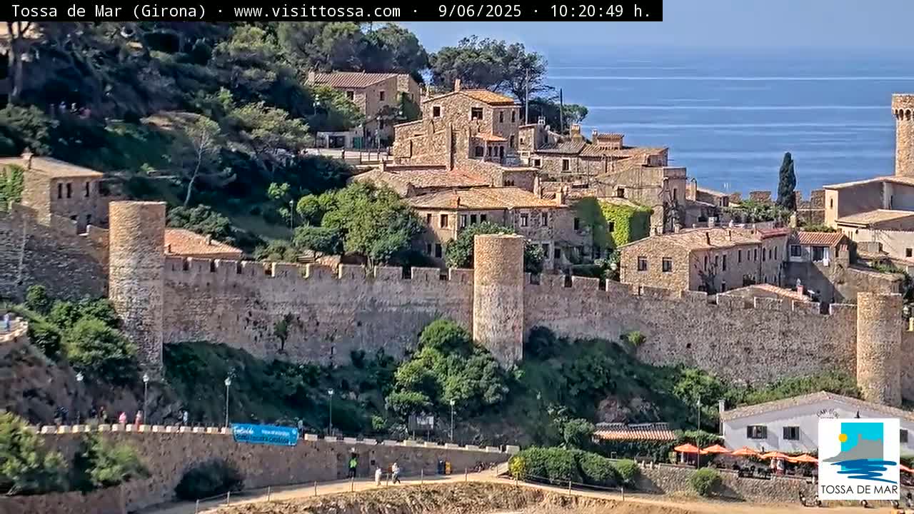 A walled medieval town overlooks a calm ocean under a clear sky.