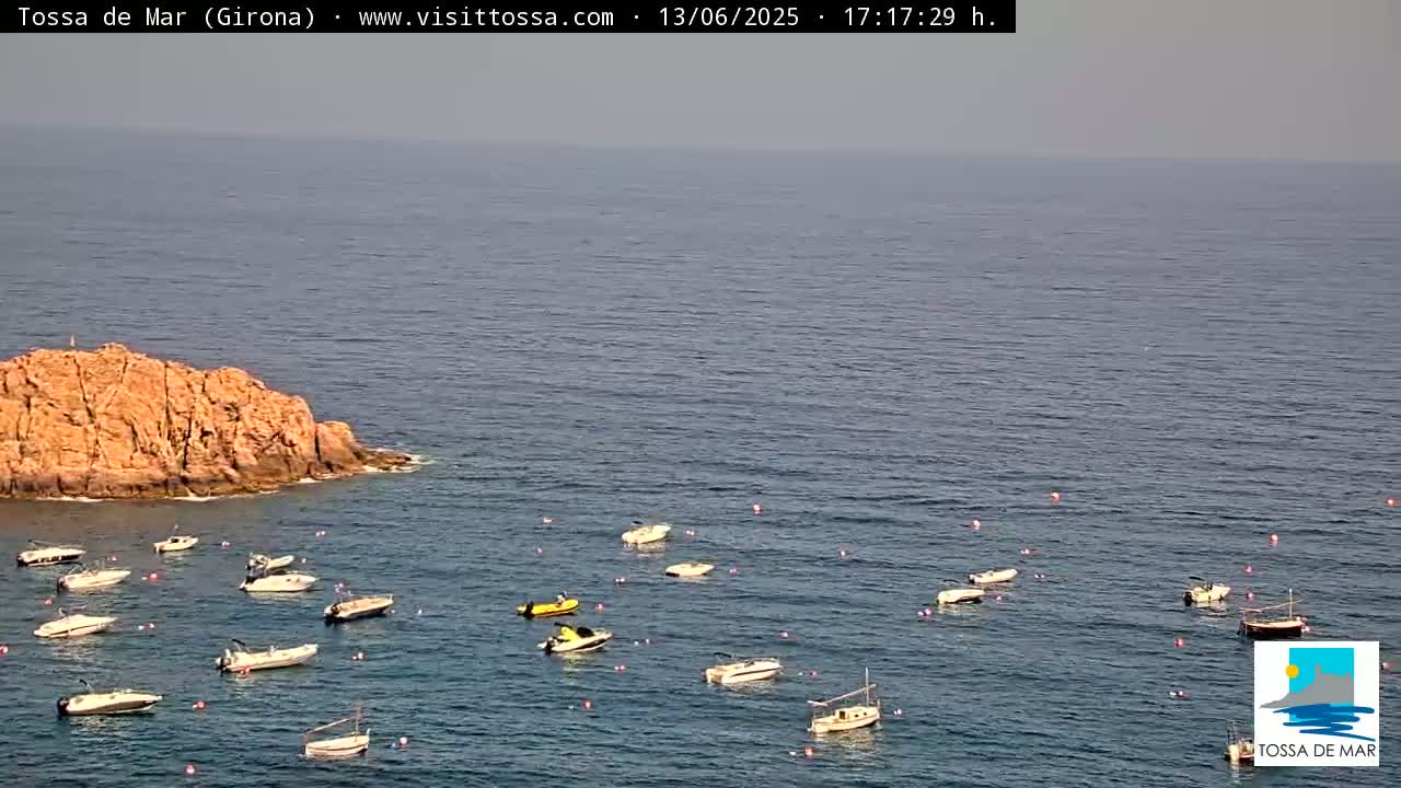 A rocky islet sits in calm blue water surrounded by numerous small boats on a clear day.