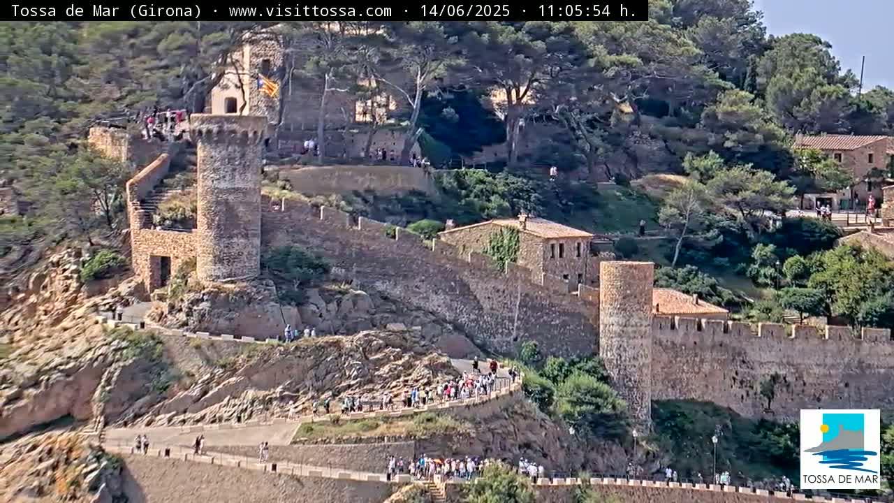 A stone castle wall and tower are perched on a hillside overlooking a town, under a sunny sky.