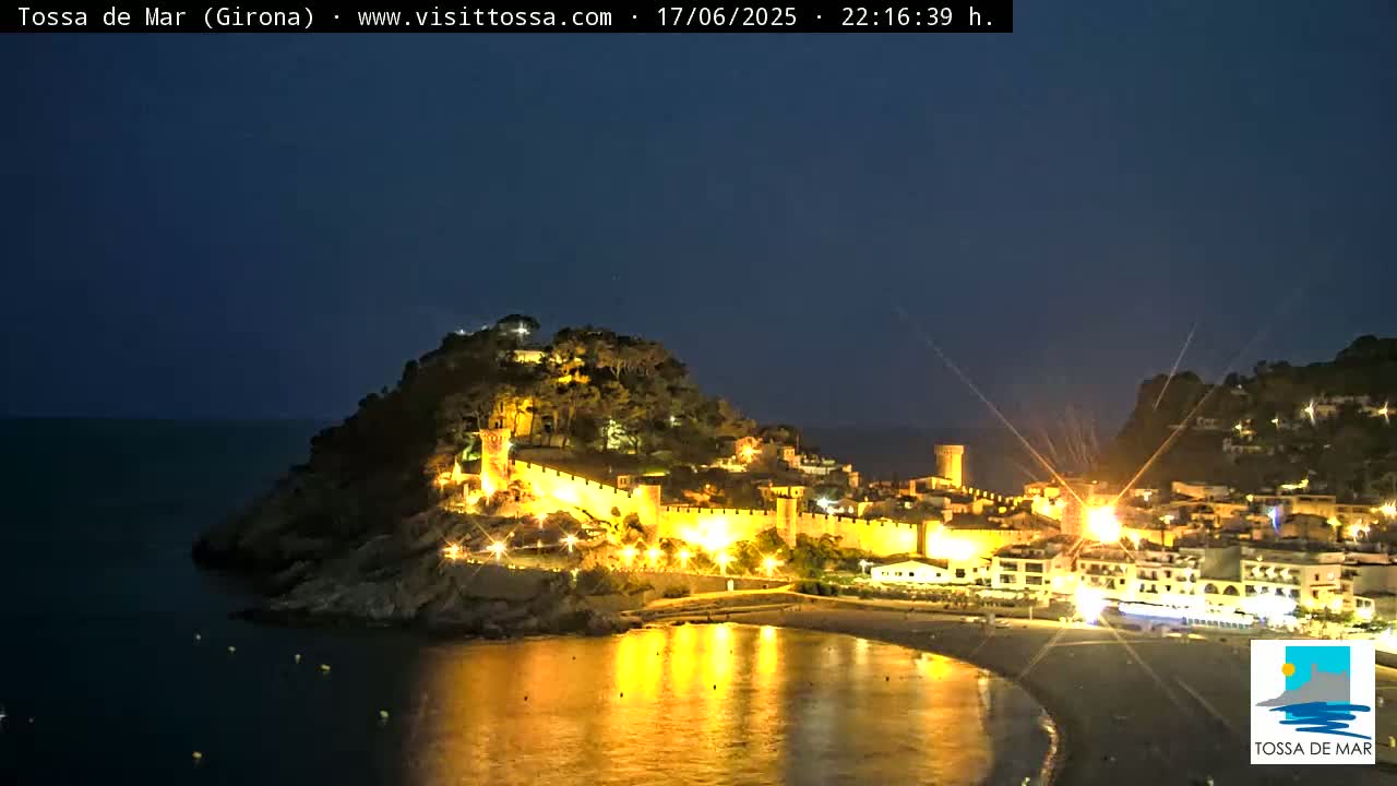 A coastal town, illuminated at night, sits on a dark, rocky peninsula extending into a calm sea under a clear, dark sky.