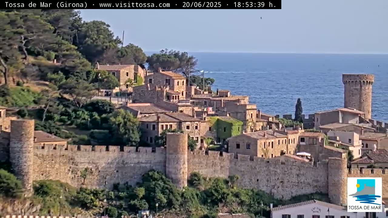 A stone walled medieval town sits on a hillside overlooking a calm blue sea under a clear sky.